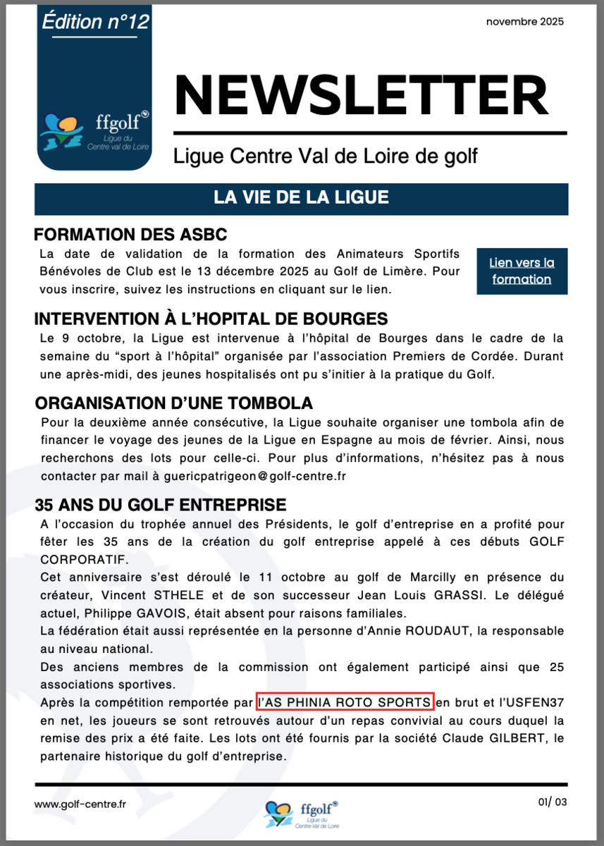 AS PHINIA ds la news letter de la ligue de novembre